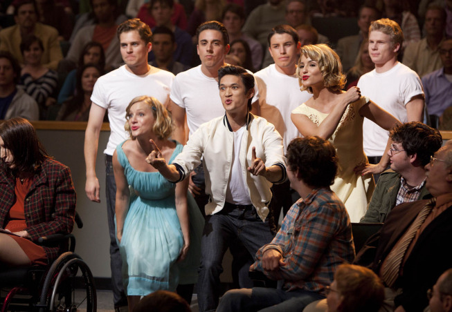 Harry Shum Jr., Dianna Agron, and Heather Elizabeth Morris in Glee (2009)