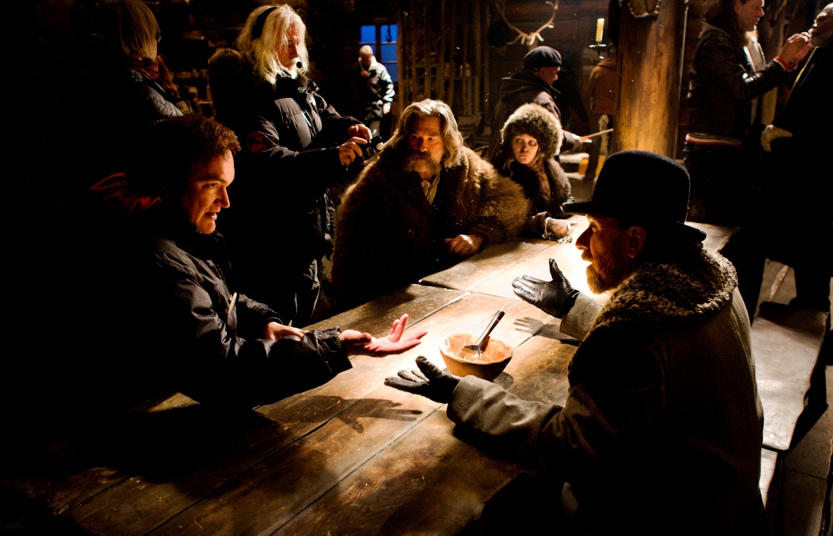 Quentin Tarantino, Jennifer Jason Leigh, Tim Roth, Kurt Russell, Jake Garber, and Robert Richardson in The Hateful Eight (2015)