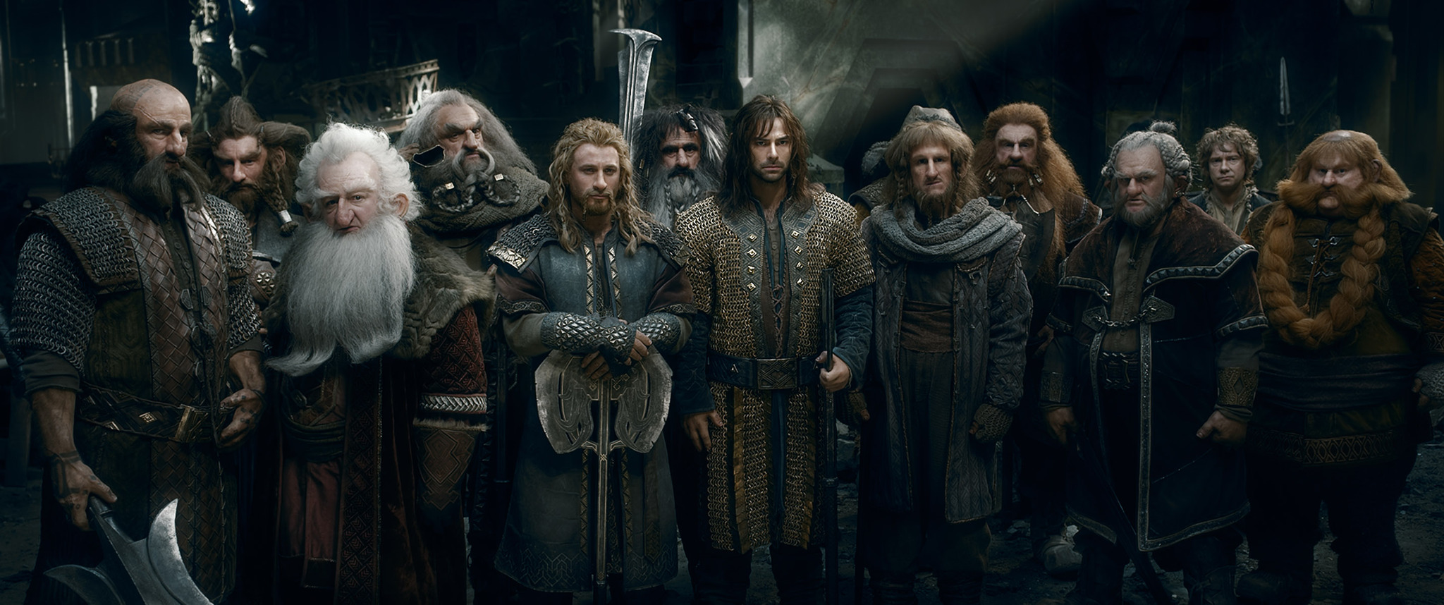 Jed Brophy, John Callen, Martin Freeman, Mark Hadlow, Peter Hambleton, William Kircher, Graham McTavish, Dean O'Gorman, Ken Stott, Stephen Hunter, and Aidan Turner in The Hobbit: The Battle of the Five Armies (2014)