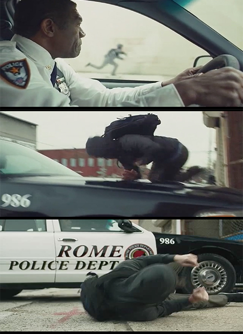 Getting slammed by a cop car in Cymbeline aka Anarchy (2014)