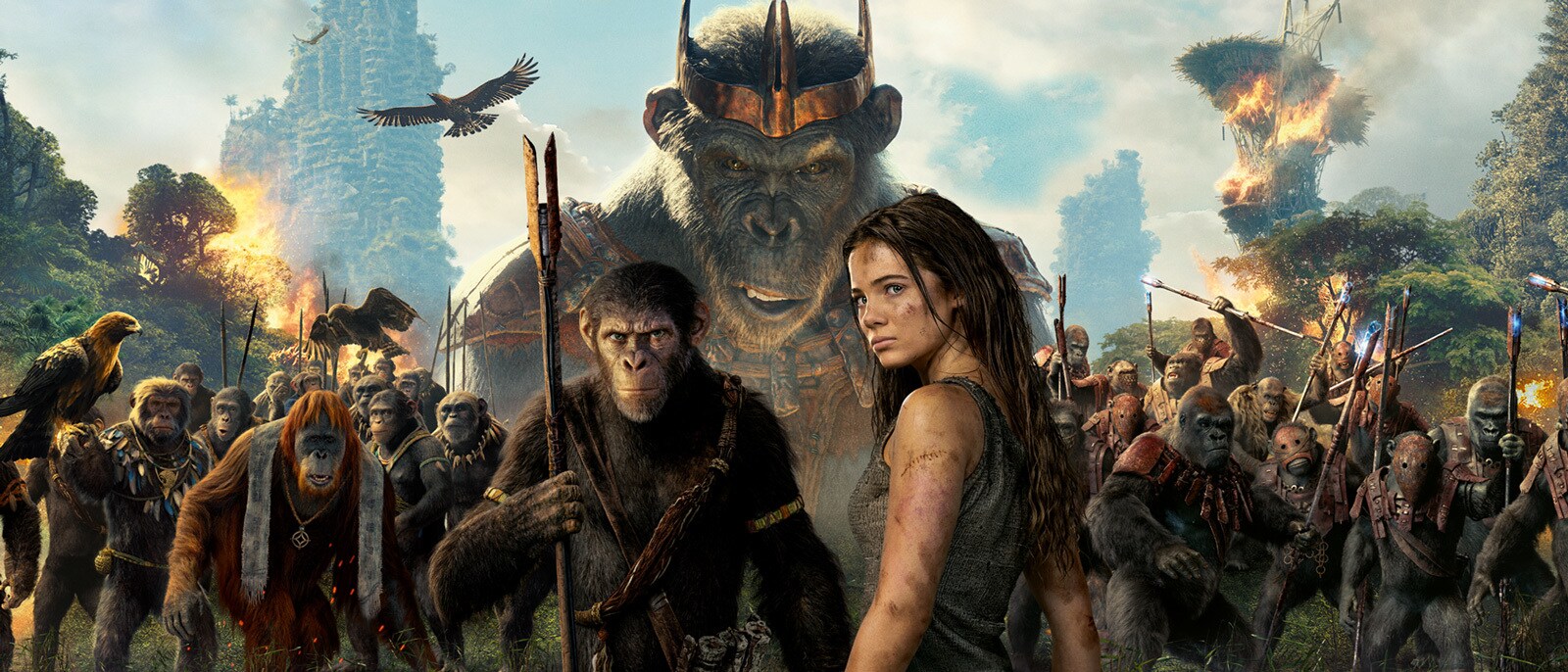 Kevin Durand, Peter Macon, Sara Wiseman, Dichen Lachman, Eka Darville, Travis Jeffery, Owen Teague, Freya Allan, Lydia Peckham, and Ras-Samuel in Kingdom of the Planet of the Apes (2024)