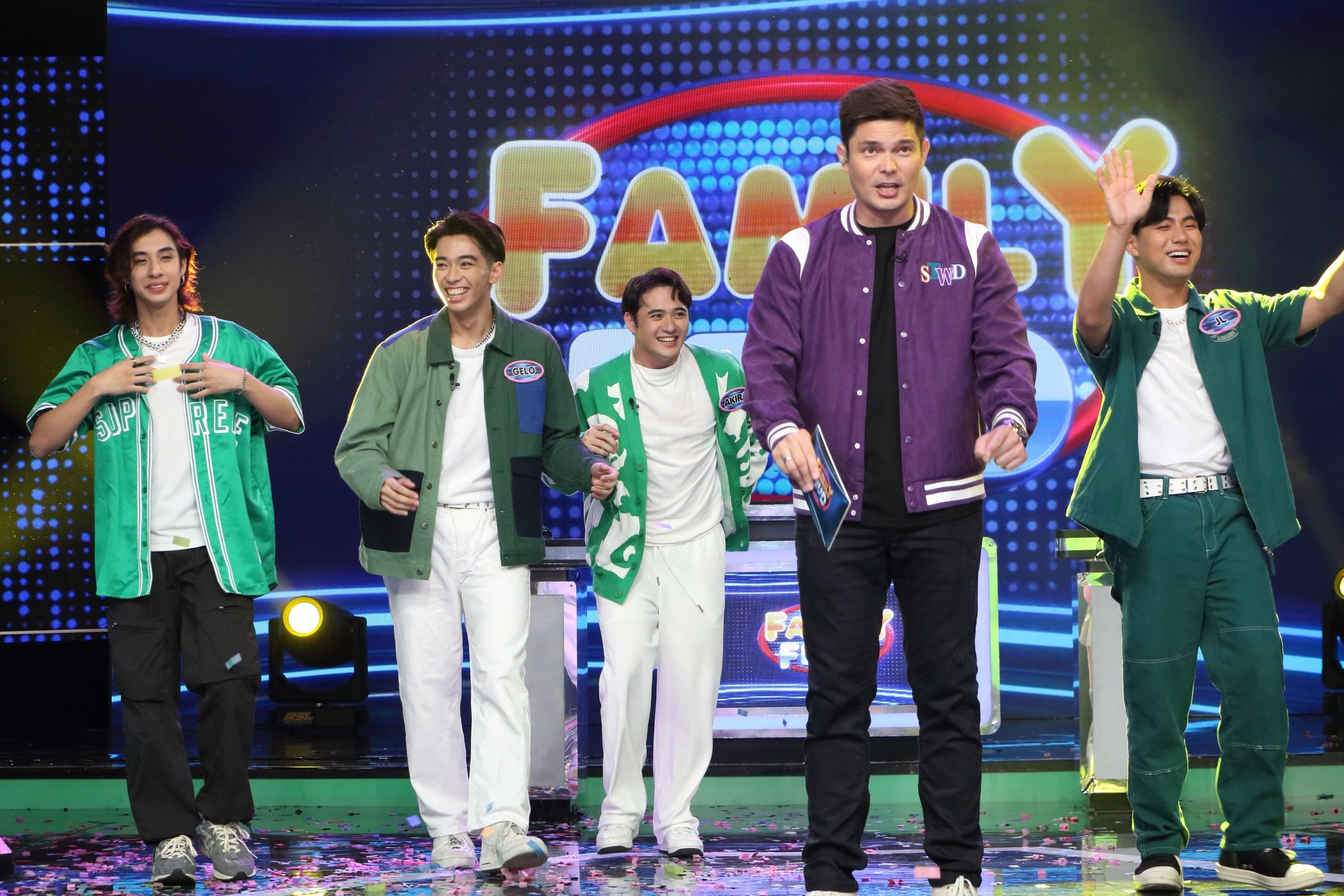 Dingdong Dantes, JL Toreliza, Gelo Rivera, Mikki Claver, and Akira Morishita in Family Feud (2022)