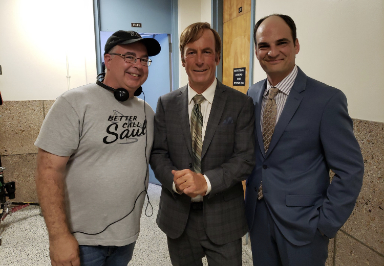 Tom Schnauz, Bob Odenkirk, and Peters Diseth on the set of Better Call Saul