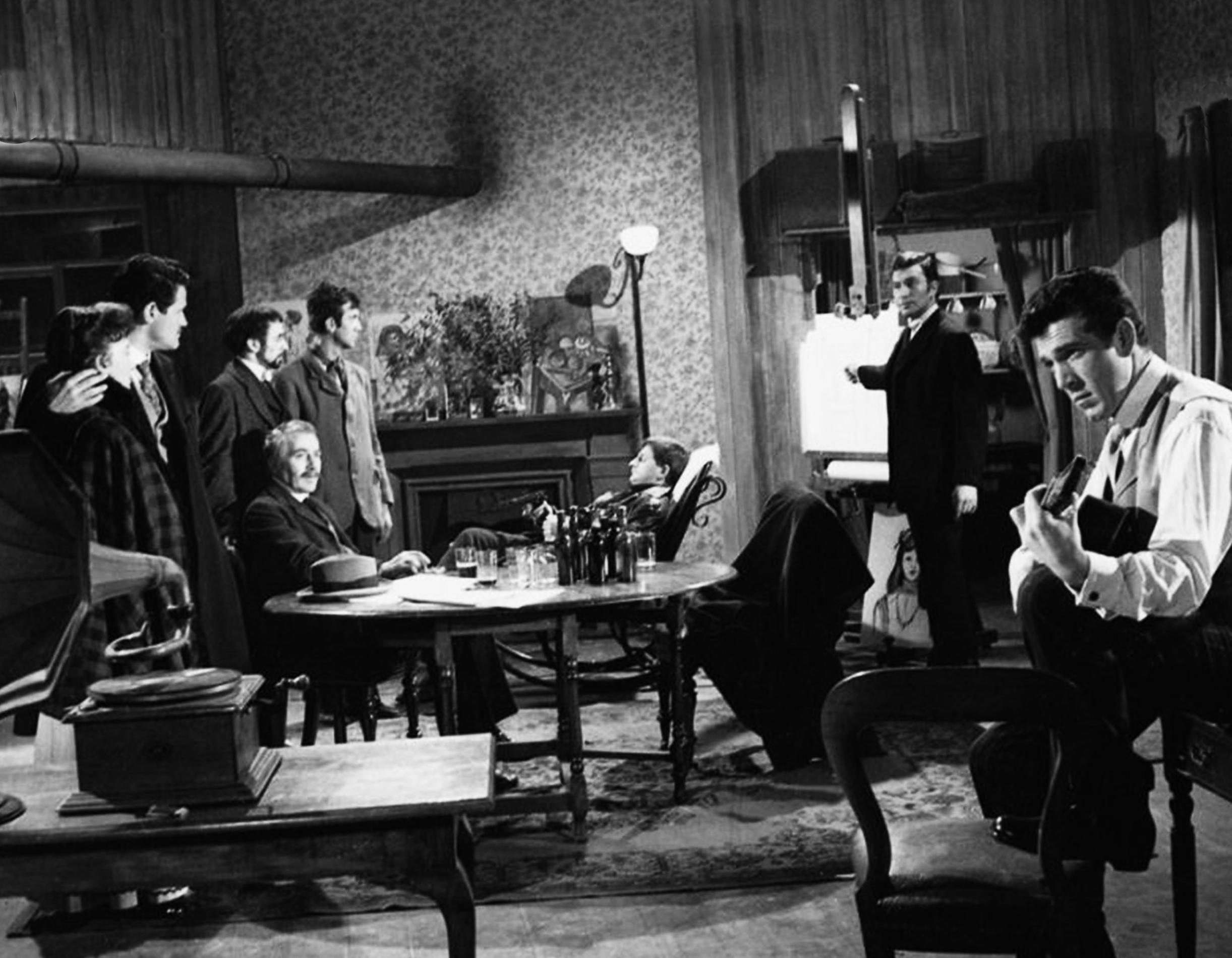 James Caffrey, Maurice Good, Tutte Lemkow, T.P. McKenna, Kieron Moore, Angela Newman, Leonard Sachs, and Peter Wyngarde in The Siege of Sidney Street (1960)