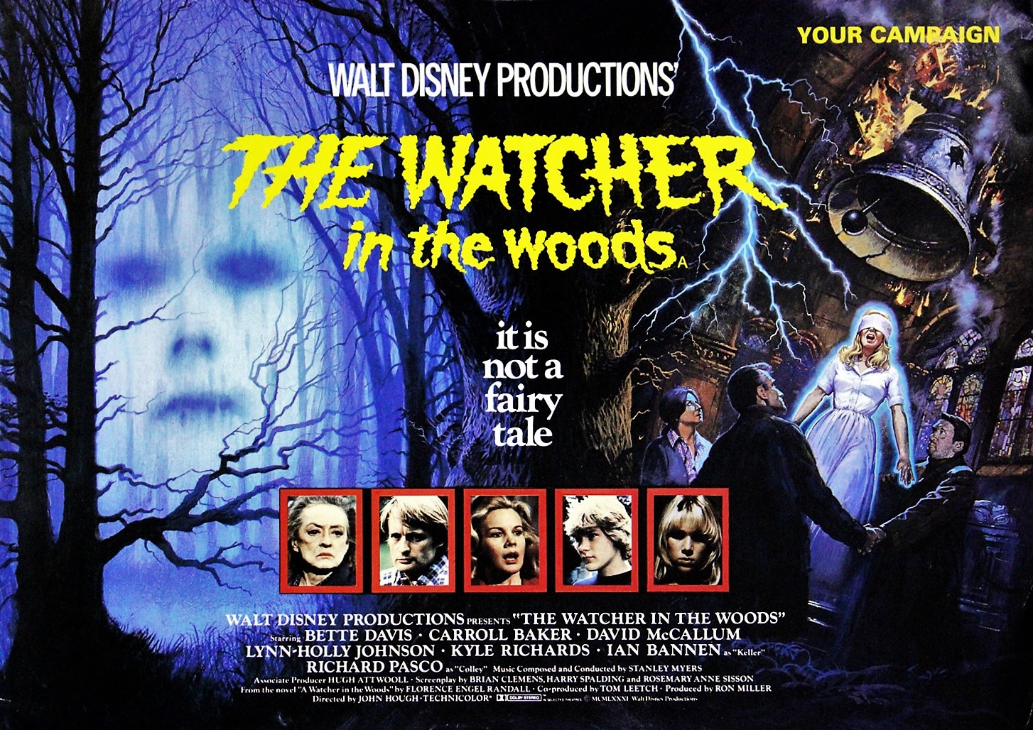 Bette Davis, Lynn-Holly Johnson, Ian Bannen, Carroll Baker, Frances Cuka, David McCallum, Richard Pasco, and Benedict Taylor in The Watcher in the Woods (1980)