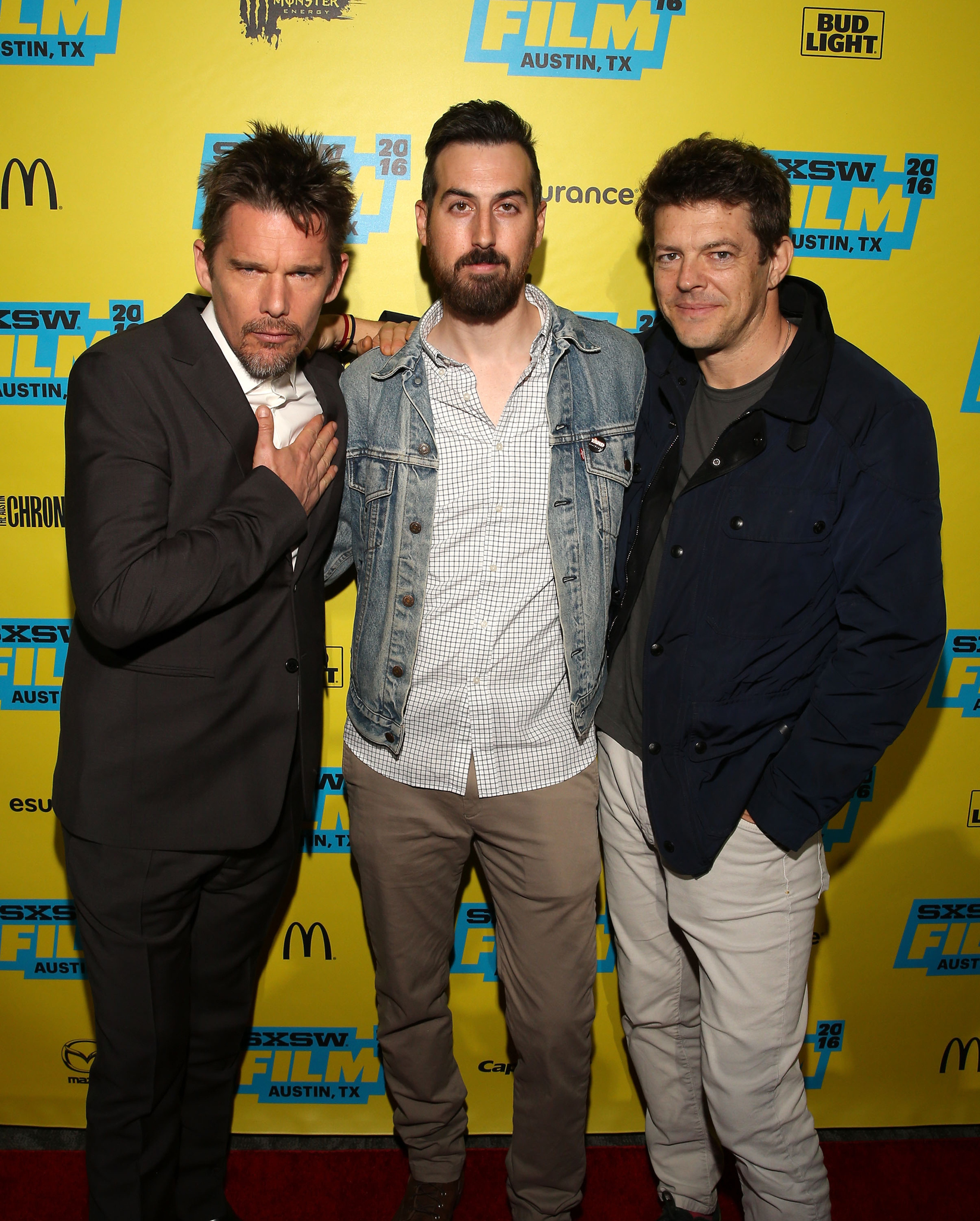 Ethan Hawke, Jason Blum, and Ti West at an event for In a Valley of Violence (2016)