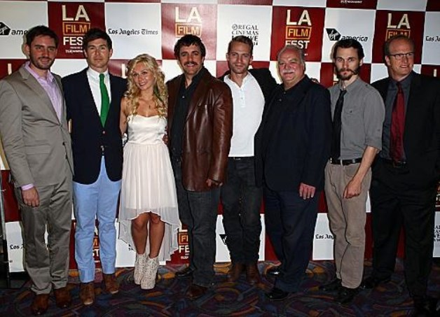 Writer/director Jared Moshe and actors Barlow Jacobs, Clare Bowen, Joseph Lyle Taylor, David Call, Richard Riehle, Travis Hammer and Jerry Clarke arrive at the "Dead Man's Burden" Q&A during the 2012 Los Angeles Film Festival.