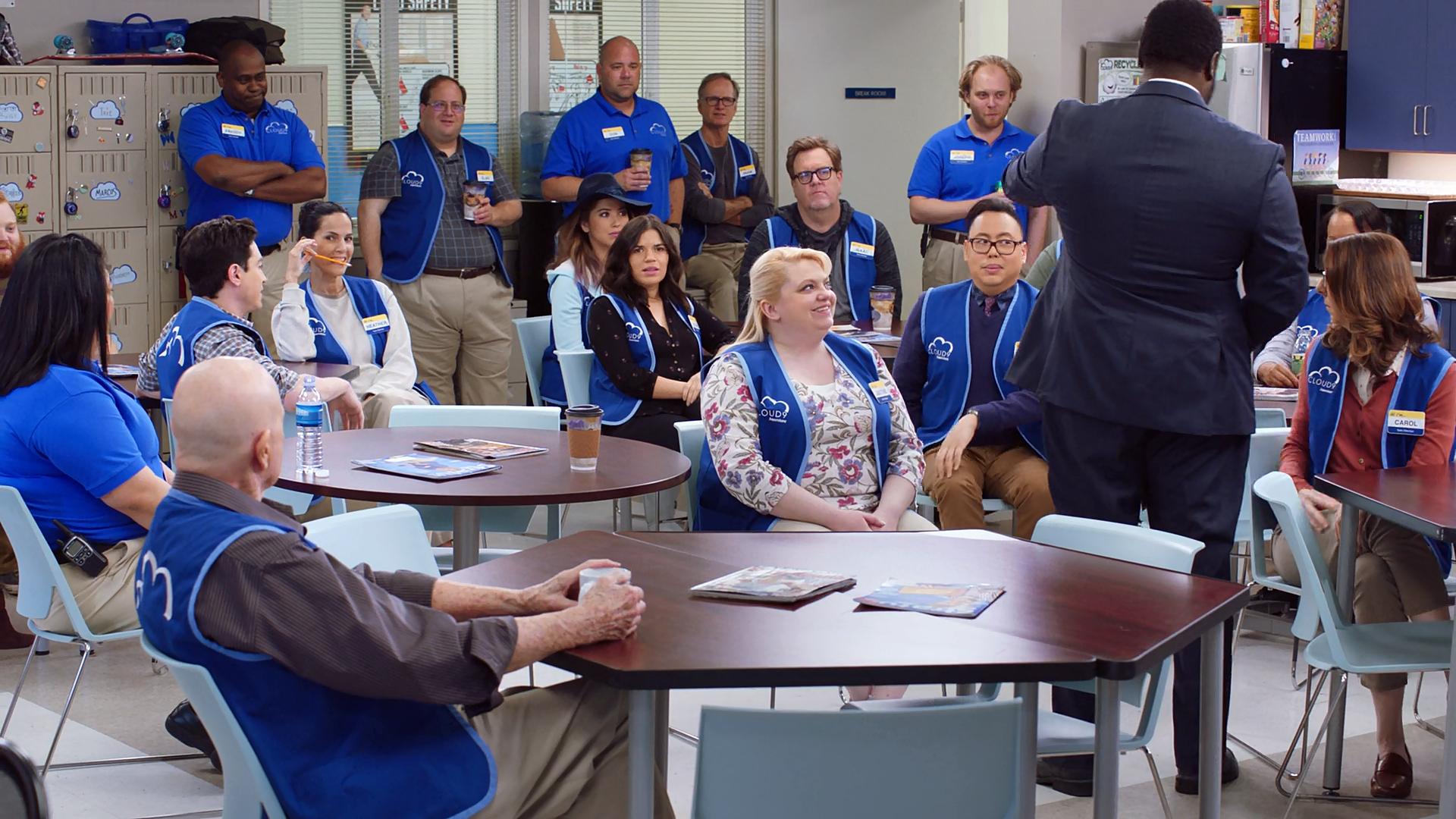 Steve Agee, Danny Gura, Mariana Tosca, Irene White, America Ferrera, Ben Feldman, Bashir Salahuddin, Kelly Schumann, Kaliko Kauahi, Nichole Sakura, and Nico Santos in Superstore (2015)