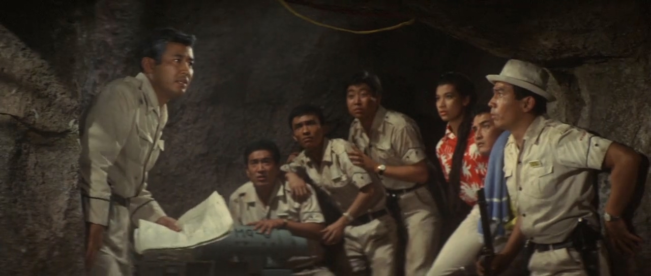 Akira Kubo, Seishirô Kuno, Bibari Maeda, Ken'ichirô Maruyama, Kenji Sahara, Yasuhiko Saijô, and Tadao Takashima in Son of Godzilla (1967)