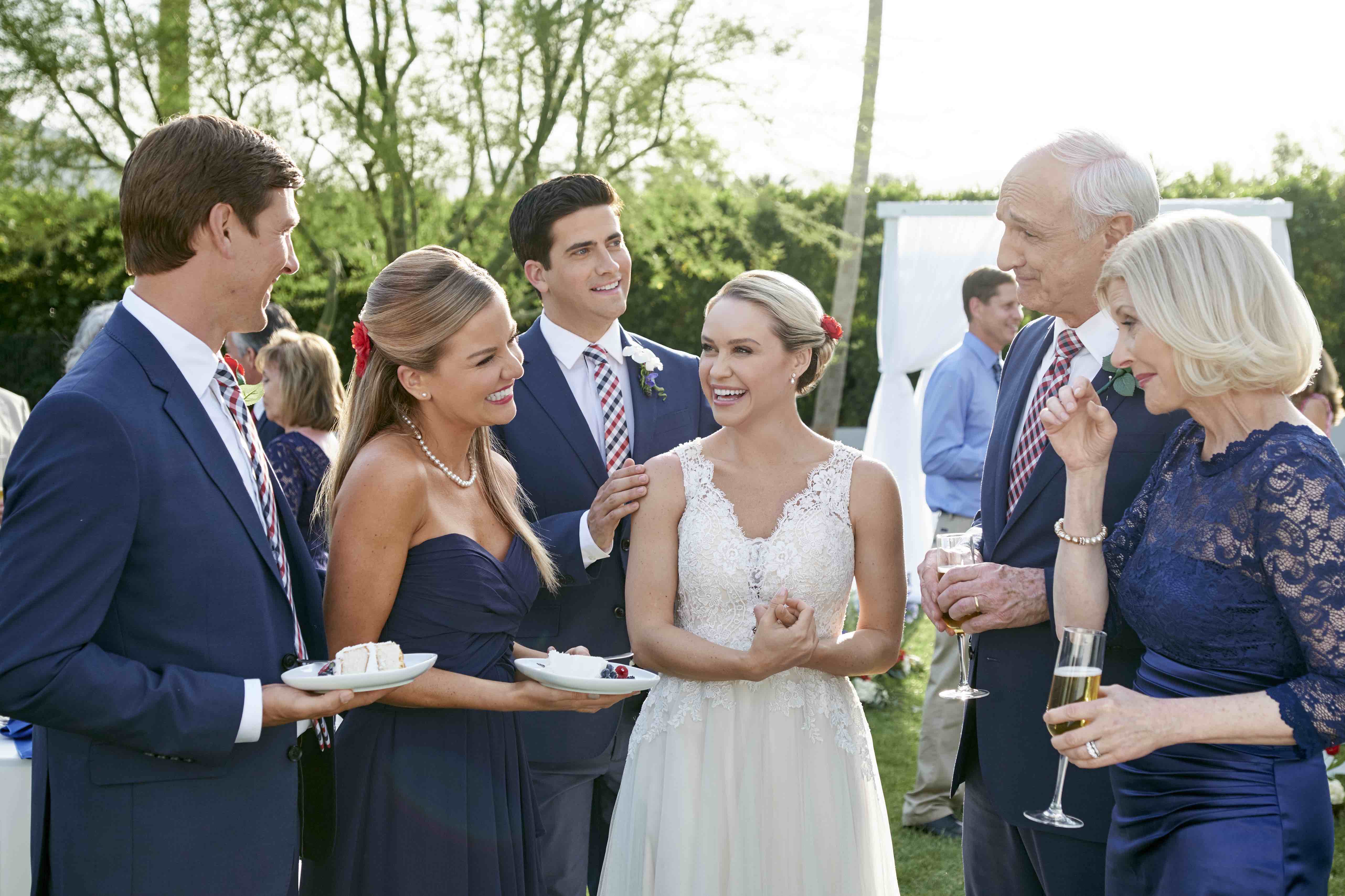 Beth Broderick, Michael Gross, Ryan Rottman, Brad Benedict, Becca Tobin, and Chelsea Gilson in Sister of the Bride (2019)