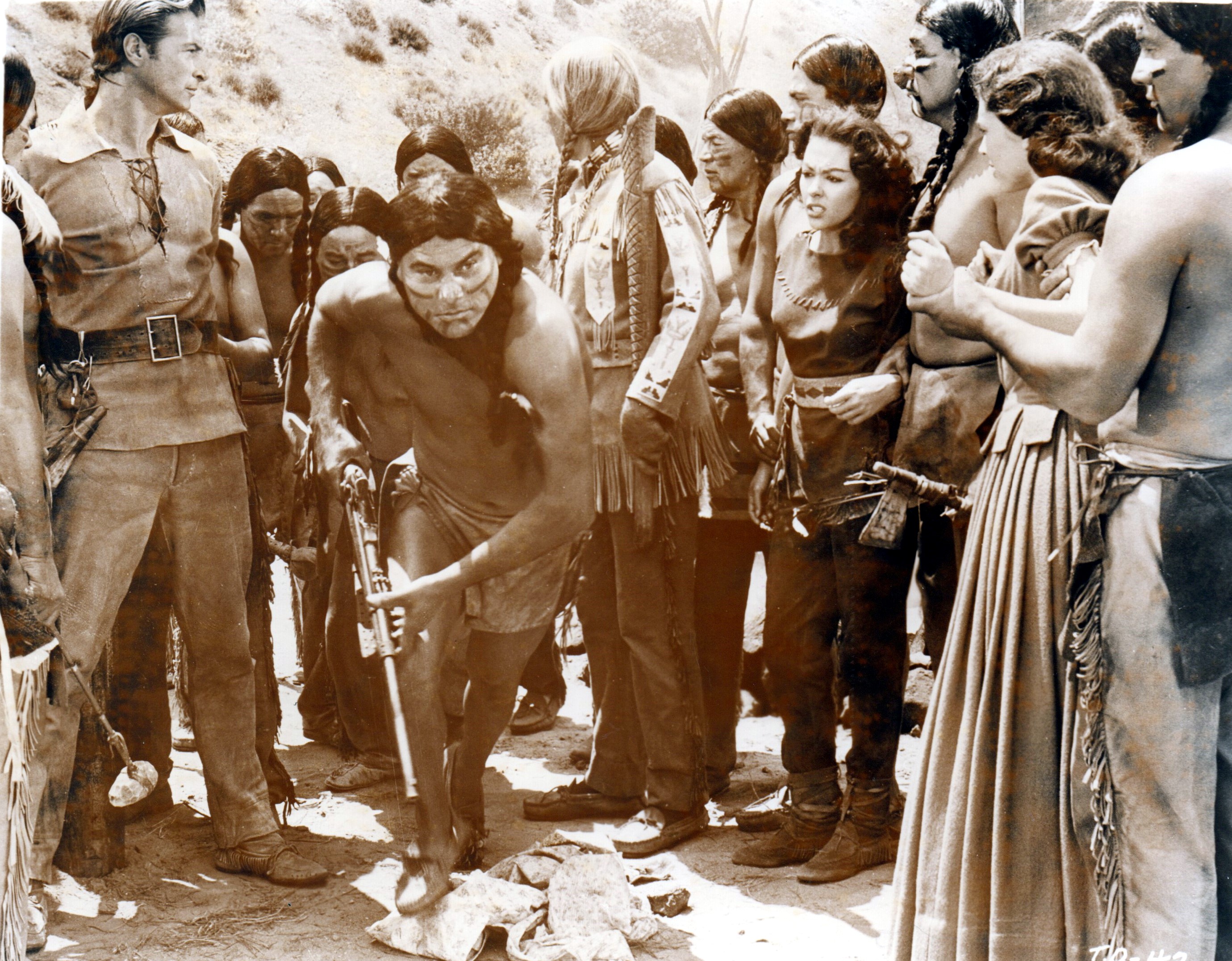 Lex Barker, Rita Moreno, John Halloran, Cathy O'Donnell, and Joseph Vitale in The Deerslayer (1957)