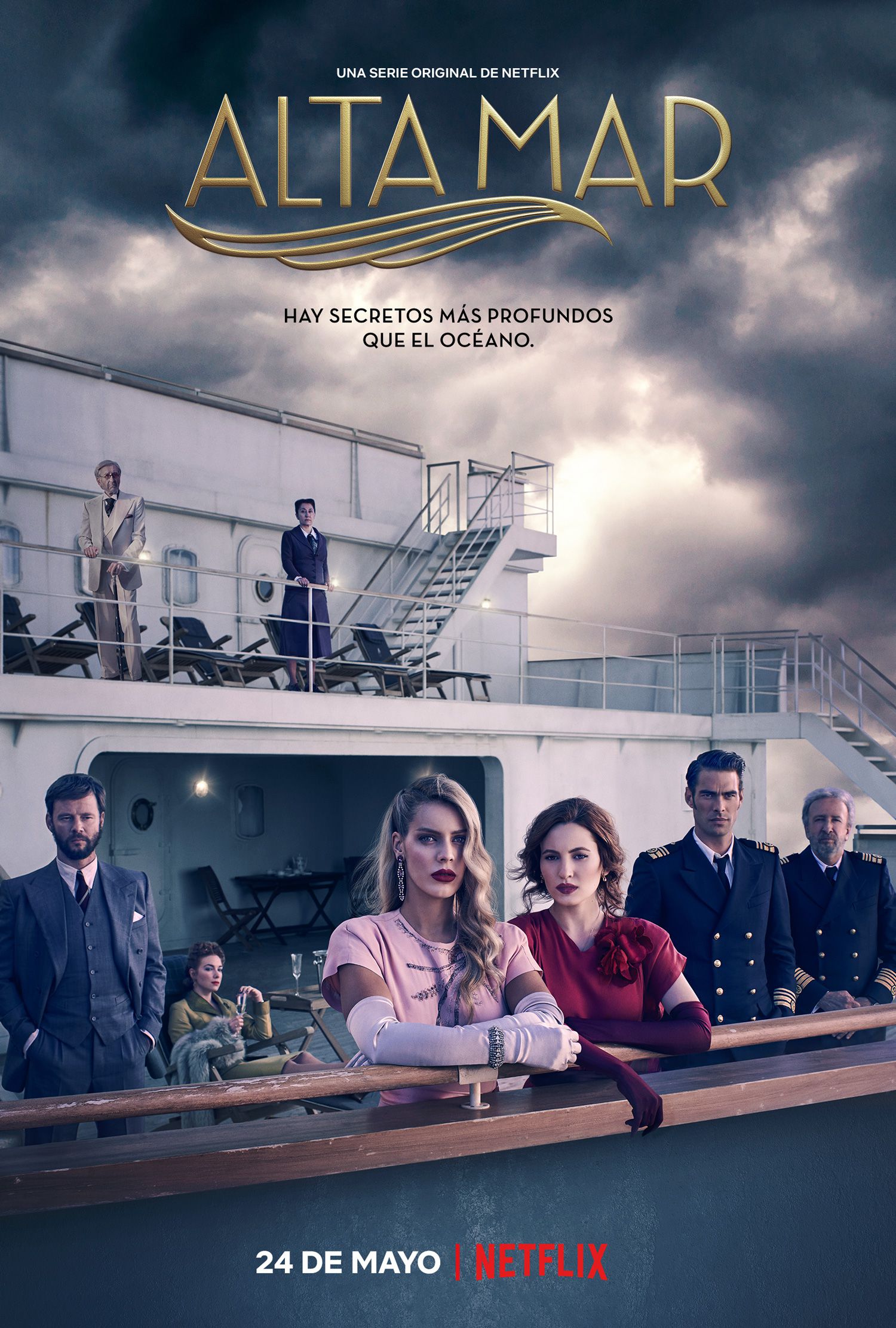 Eloy Azorín, Eduardo Blanco, José Sacristán, Chiqui Fernández, Ivana Baquero, Natalia Rodríguez, Jon Kortajarena, and Alejandra Onieva in High Seas (2019)