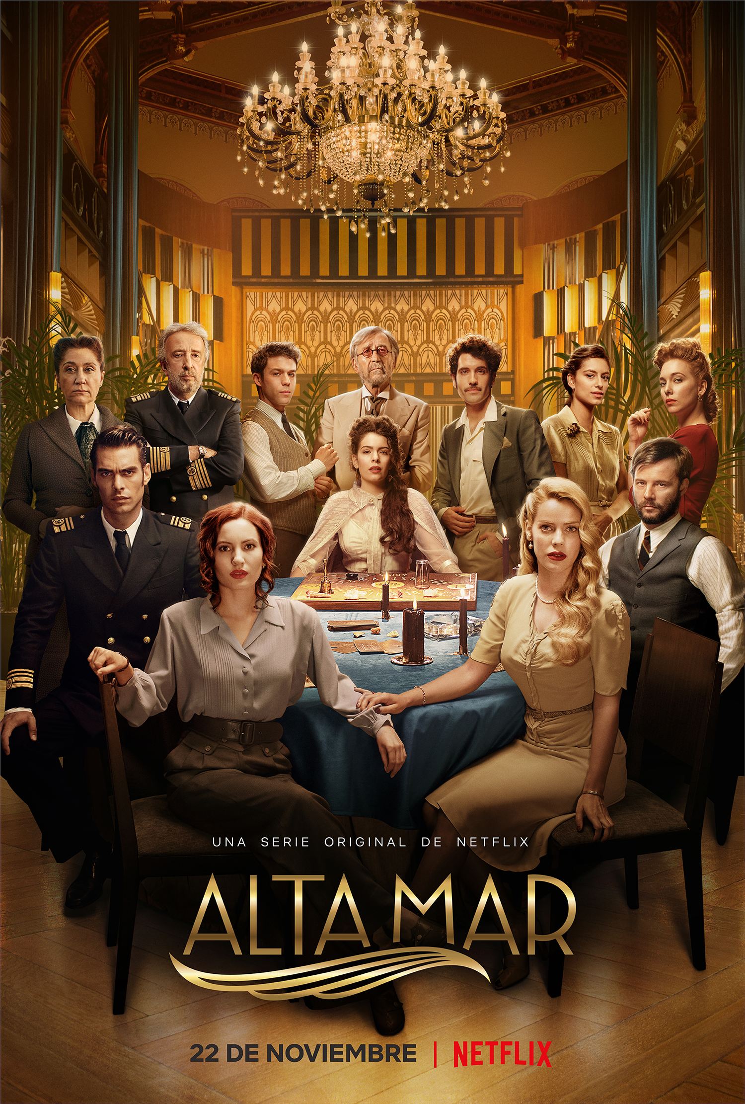 Eloy Azorín, Eduardo Blanco, Tamar Novas, José Sacristán, Chiqui Fernández, Ivana Baquero, Claudia Traisac, Natalia Rodríguez, Jon Kortajarena, Alejandra Onieva, and Begoña Vargas in High Seas (2019)