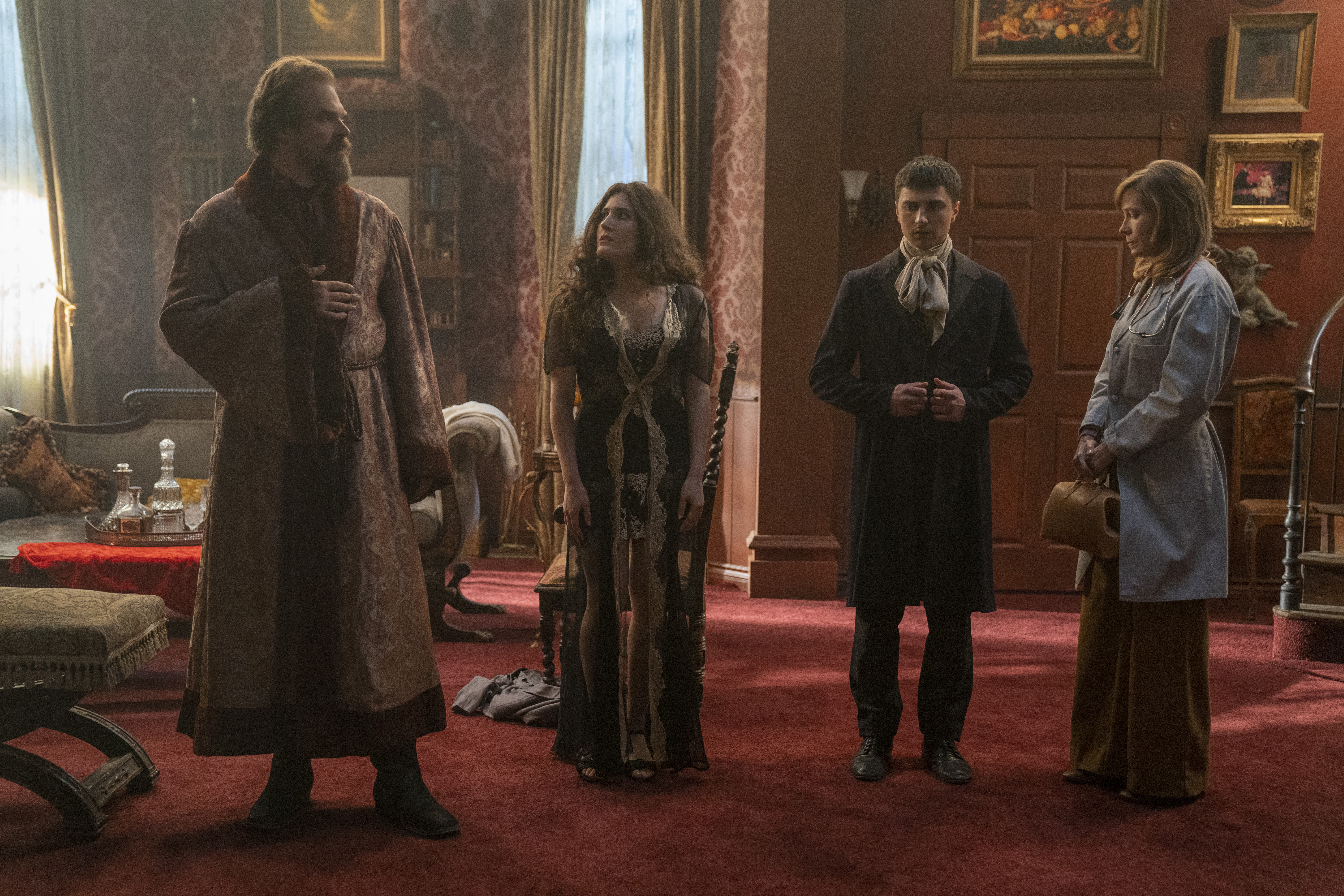 David Harbour, Heather Lawless, Kate Berlant, and Alex Ozerov-Meyer in Frankenstein's Monster's Monster, Frankenstein (2019)