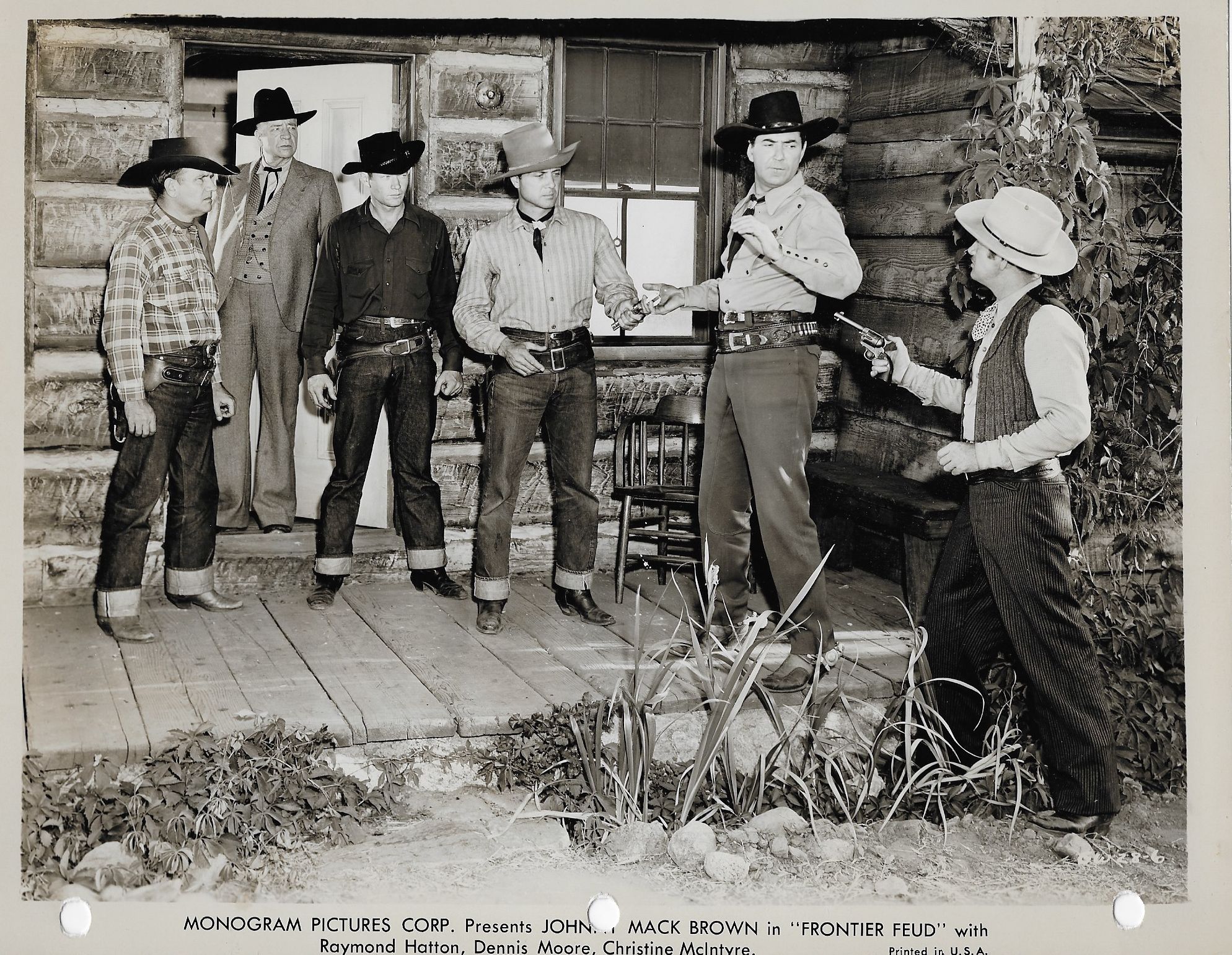 Lynton Brent, Johnny Mack Brown, Terry Frost, Jack Ingram, and Frank LaRue in Frontier Feud (1945)