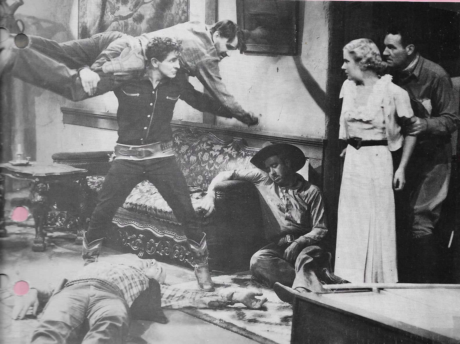 Walter McGrail, Perry Murdock, Bud Pope, Gloria Shea, Bob Steele, and Blackie Whiteford in A Demon for Trouble (1934)