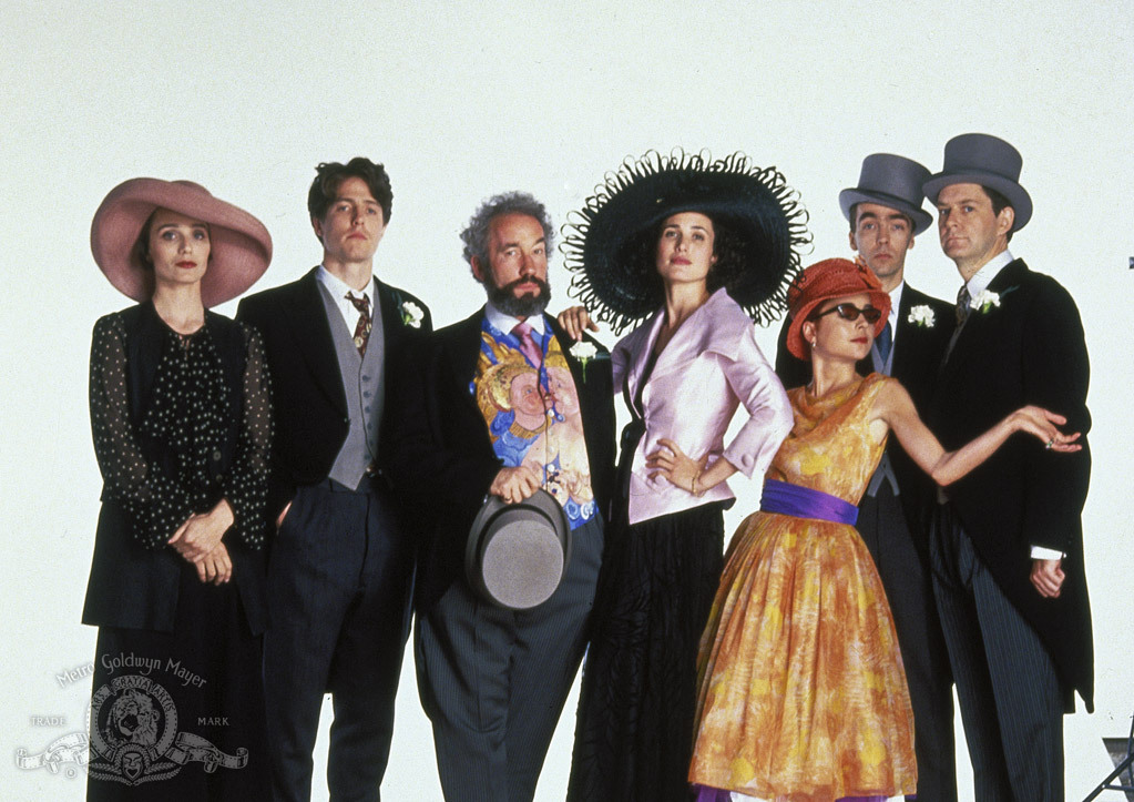 Kristin Scott Thomas, Hugh Grant, Andie MacDowell, Simon Callow, John Hannah, Charlotte Coleman, and James Fleet in Four Weddings and a Funeral (1994)