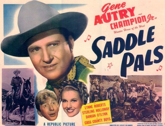 Gene Autry, Sterling Holloway, The Cass County Boys, Lynne Roberts, and Champion Jr. in Saddle Pals (1947)