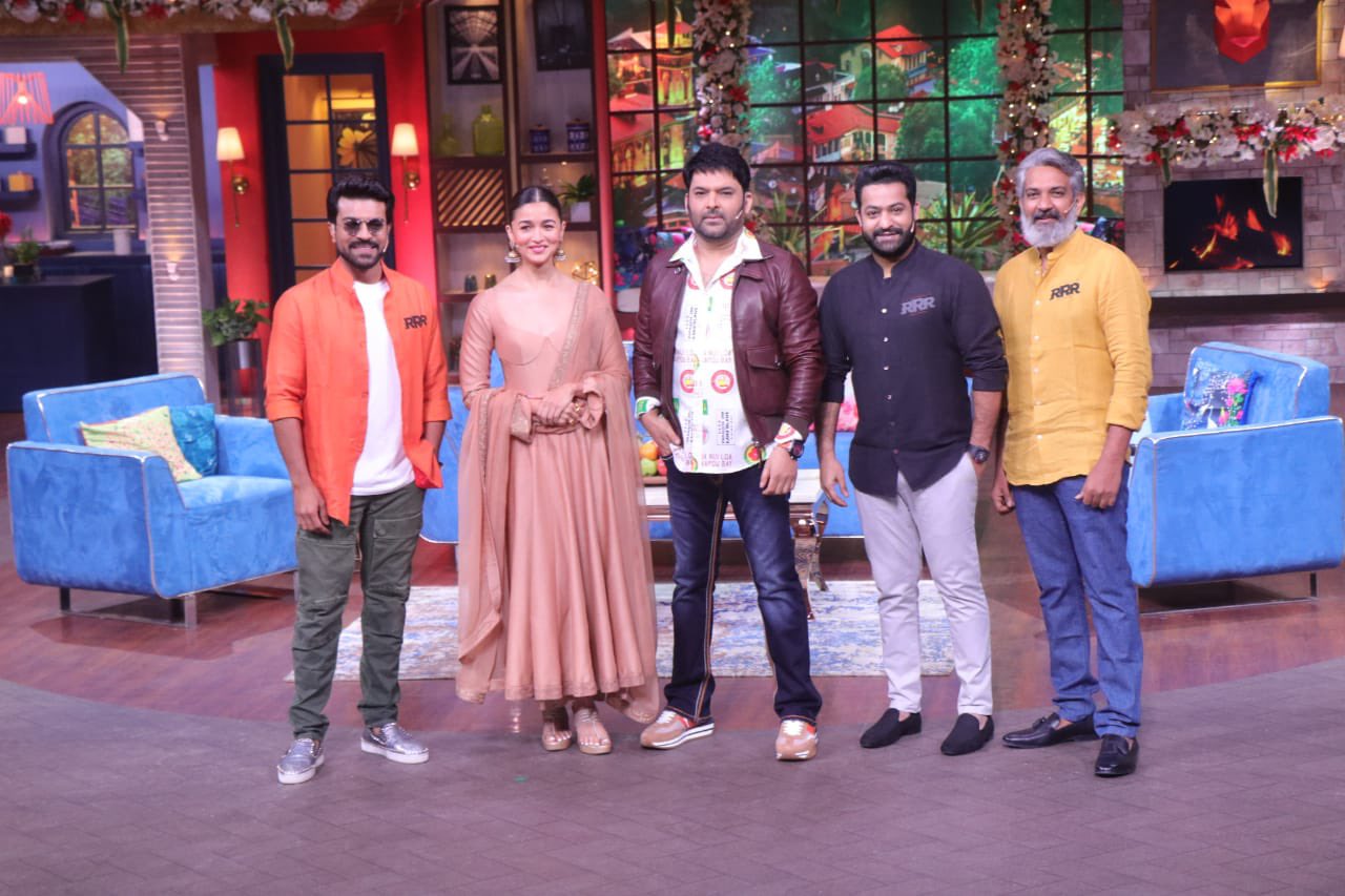 Alia Bhatt, S.S. Rajamouli, N.T. Rama Rao Jr., Ram Charan, and Kapil Sharma in Roar of RRR (2022)