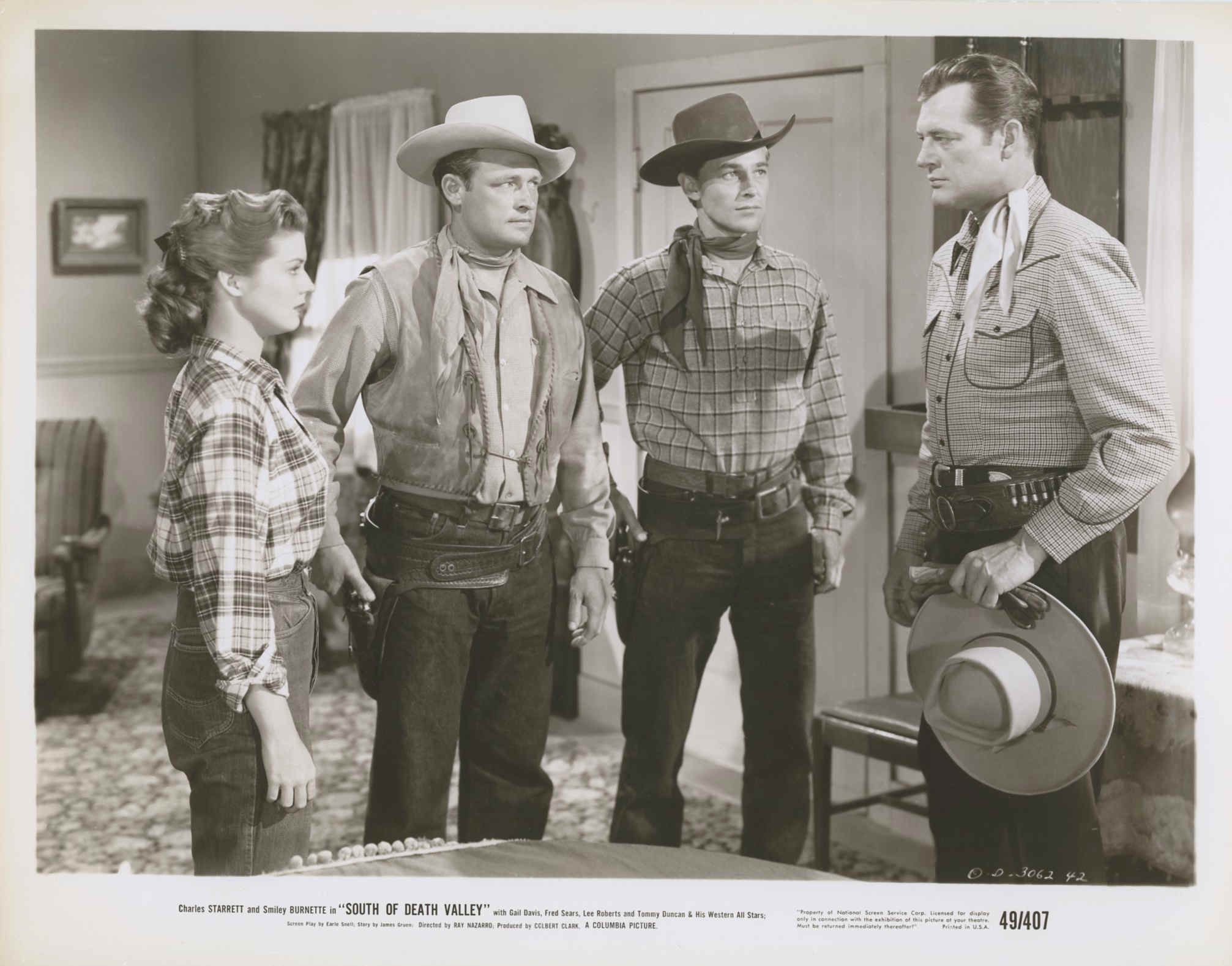 Gail Davis, Richard Emory, Lee Roberts, and Charles Starrett in South of Death Valley (1949)