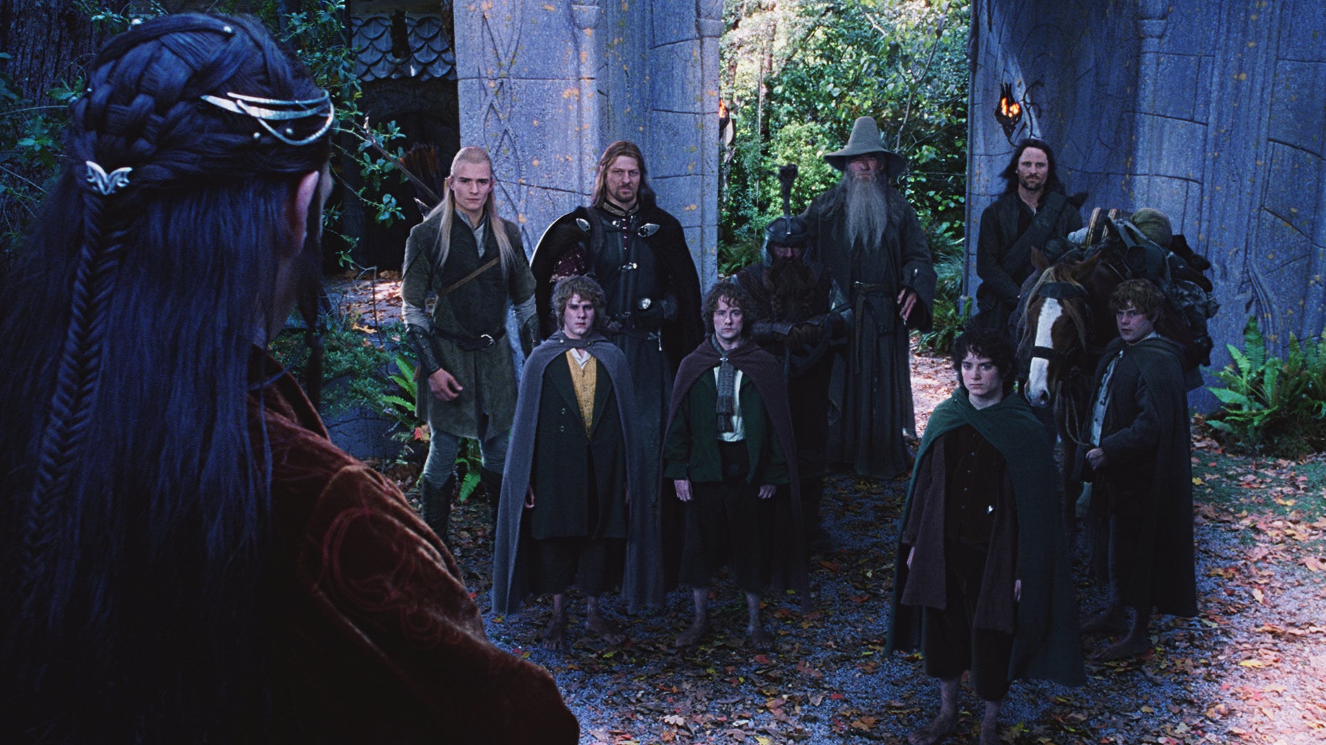 Sean Astin, Sean Bean, Elijah Wood, Viggo Mortensen, Ian McKellen, Orlando Bloom, Billy Boyd, Dominic Monaghan, John Rhys-Davies, and Hugo Weaving in The Lord of the Rings: The Fellowship of the Ring (2001)