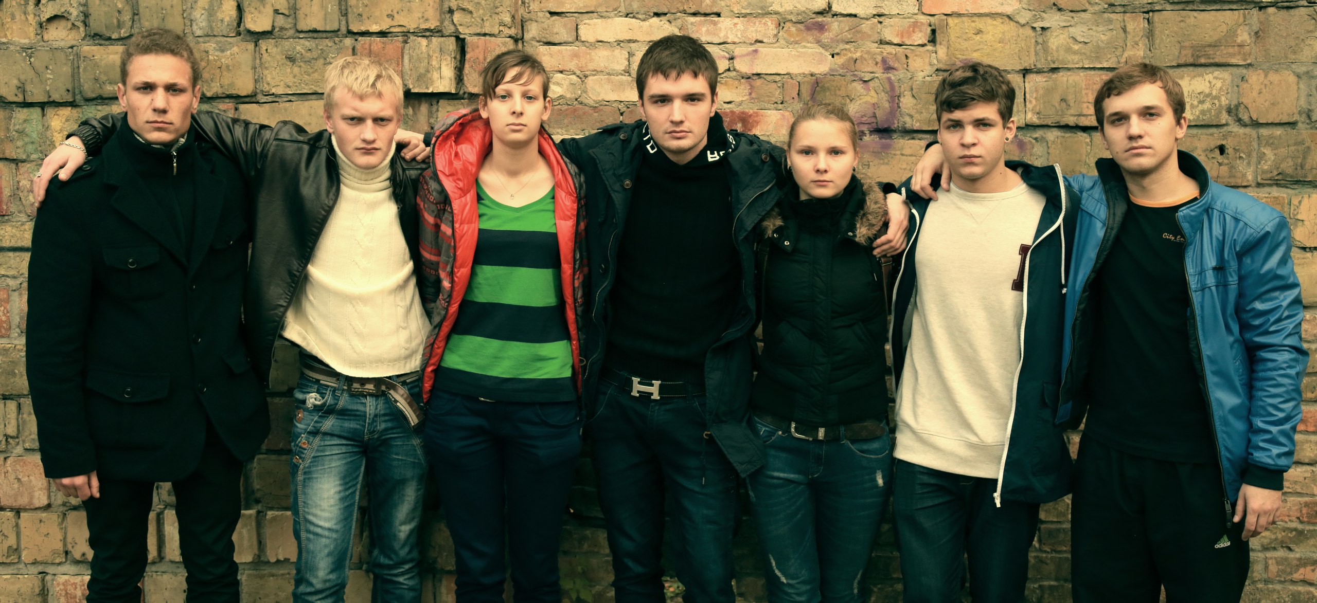 Hryhoriy Fesenko, Rosa Babiy, Oleksandr Dsiadevych, Yaroslav Biletskiy, Ivan Tishko, Oleksandr Osadchyi, and Oleksandr Sydelnykov in The Tribe (2014)