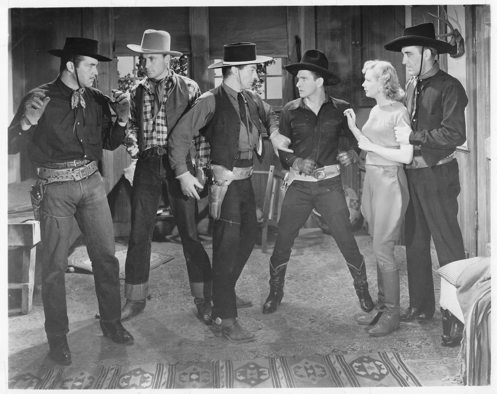 Ted Adams, Reed Howes, Dave O'Brien, Claire Rochelle, Bob Steele, and Carleton Young in Riders of the Sage (1939)