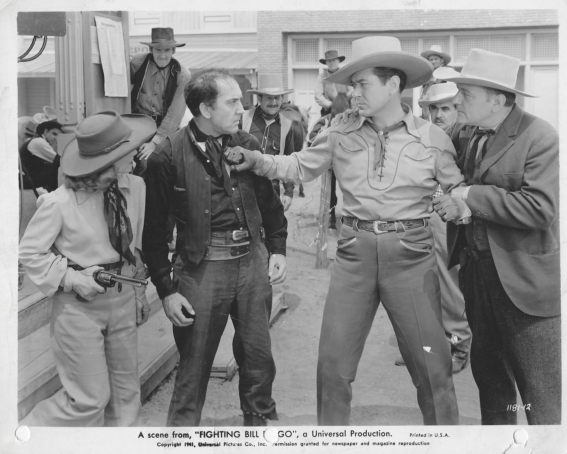 Ted Adams, Johnny Mack Brown, Kenneth Harlan, George Hazel, Nell O'Day, and Jack Tornek in Fighting Bill Fargo (1941)