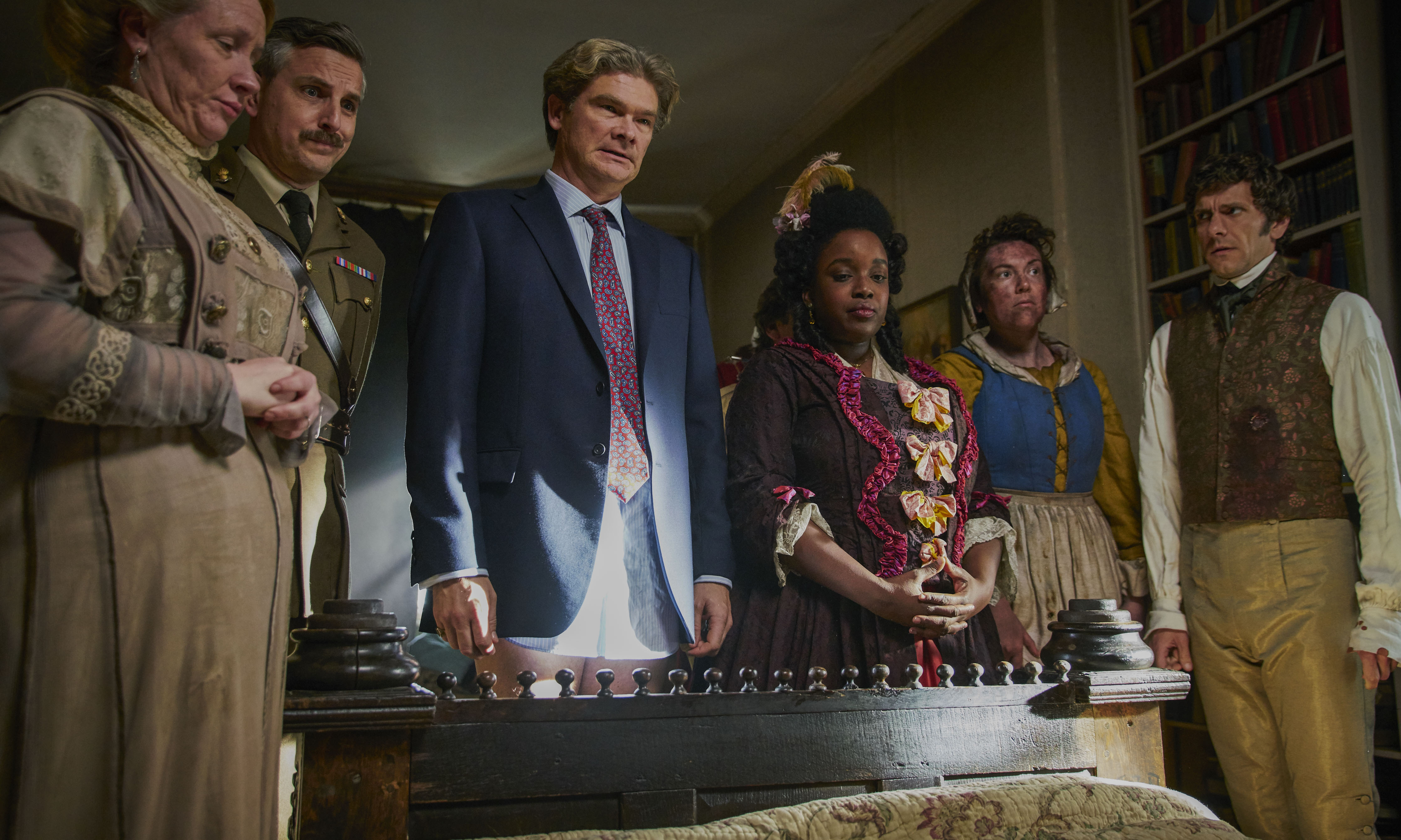 Simon Farnaby, Martha Howe-Douglas, Ben Willbond, Katy Wix, Mathew Baynton, Laurence Rickard, and Lolly Adefope in Ghosts (2019)