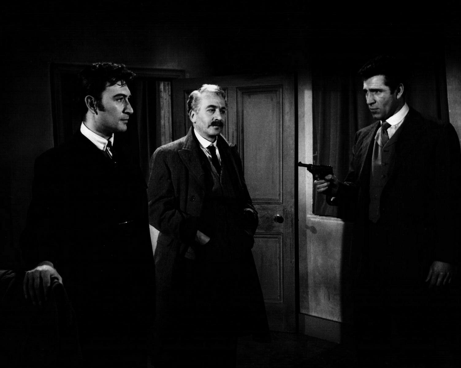 Kieron Moore, Leonard Sachs, and Peter Wyngarde in The Siege of Sidney Street (1960)