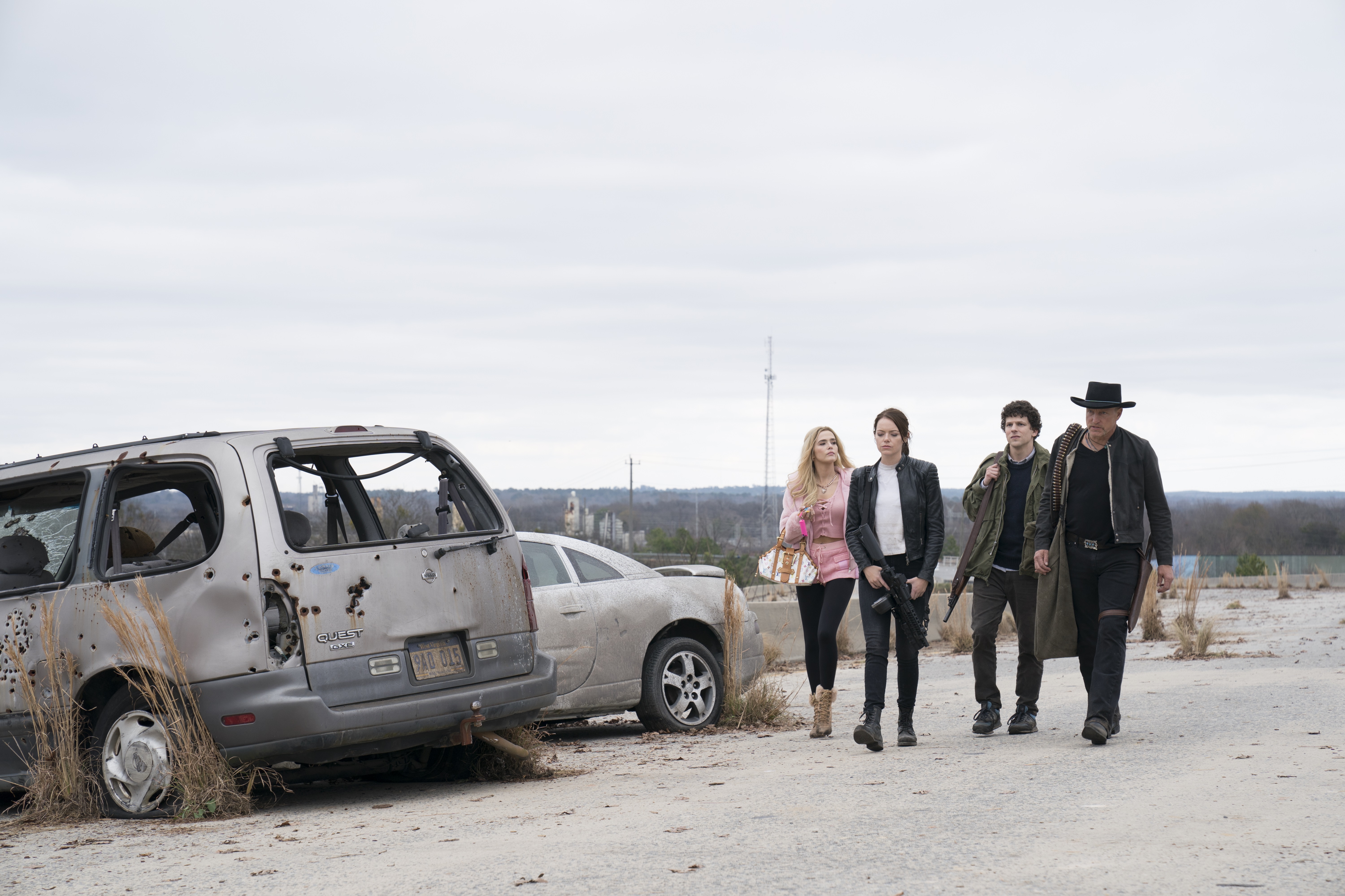 Woody Harrelson, Jesse Eisenberg, Emma Stone, and Zoey Deutch in Zombieland: Double Tap (2019)