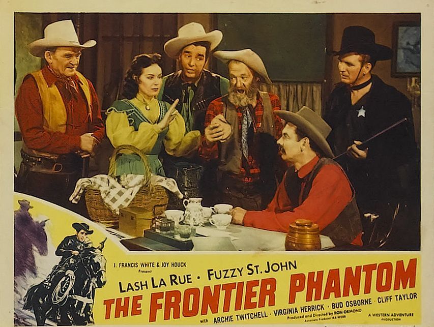 Virginia Herrick, Lash LaRue, Bud Osborne, Al St. John, Clarke Stevens, and Archie Twitchell in The Frontier Phantom (1952)