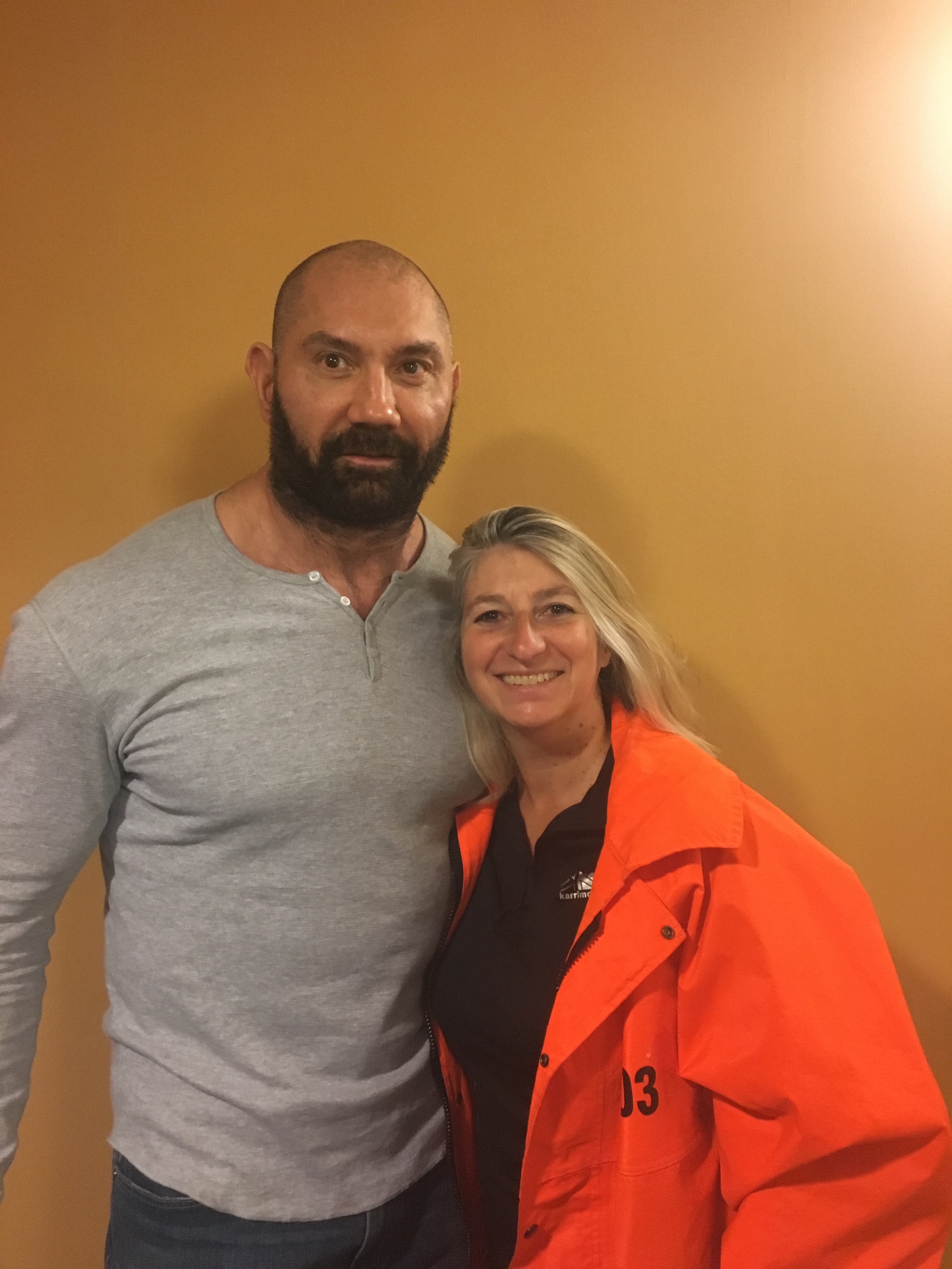 Elena Valdameri and Dave Bautista on set of Final Score