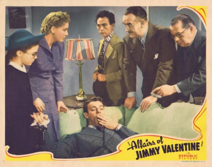 Roman Bohnen, Spencer Charters, Gloria Dickson, Dennis O'Keefe, Patsy Parsons, and George E. Stone in The Affairs of Jimmy Valentine (1942)