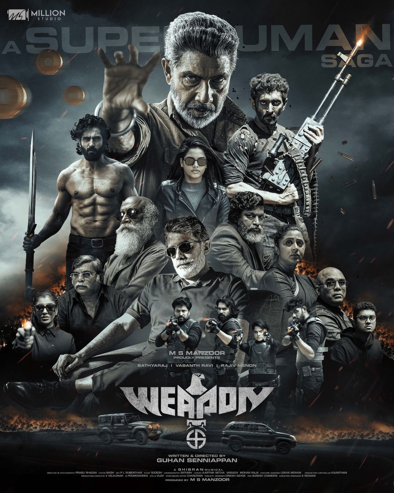 Rajiv Menon, Sathyaraj, Kaniha, Baradwaj Rangan, Rajeev Pillai, Gajaraj, Mime Gopi, Vasanth Ravi, Yaashika Aanand, Maya S. Krishnan, Tanya Hope, and Shiyas Kareem in Weapon (2024)