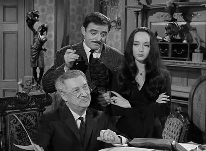 John Astin, Jonathan Hole, and Carolyn Jones in The Addams Family (1964)