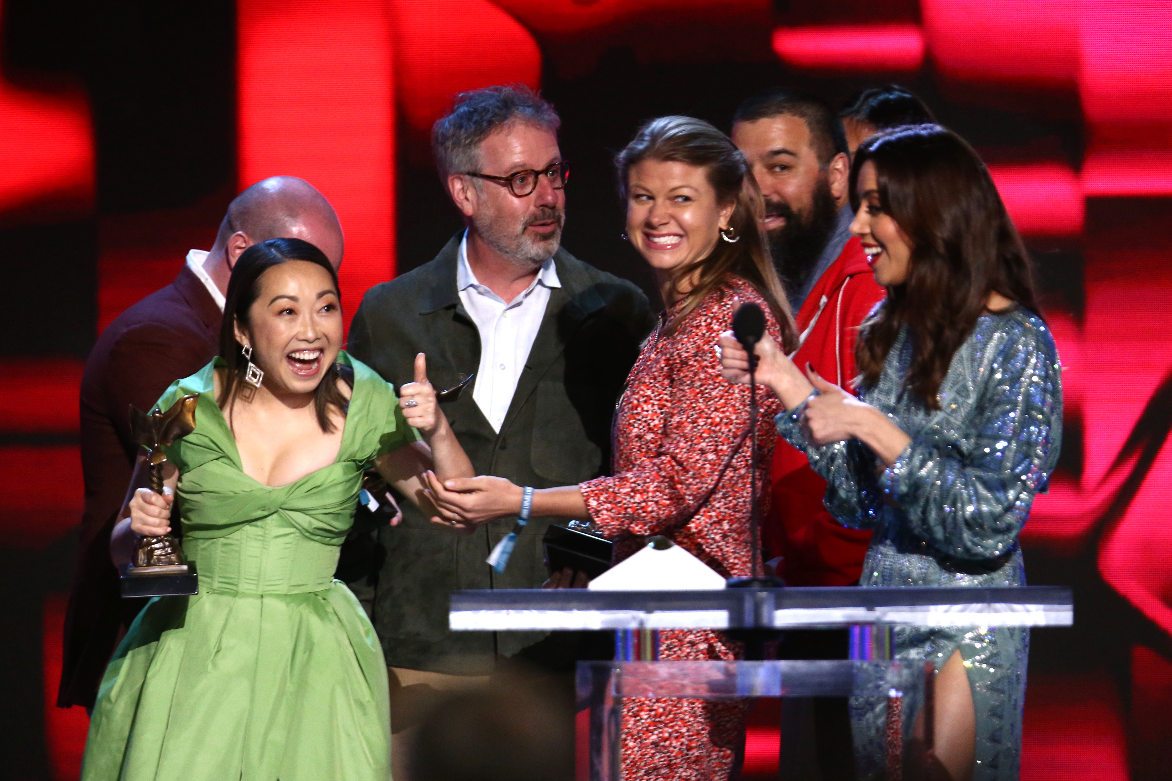 Andrew Miano, Peter Saraf, Aubrey Plaza, Daniele Tate Melia, and Lulu Wang at an event for 35th Film Independent Spirit Awards (2020)