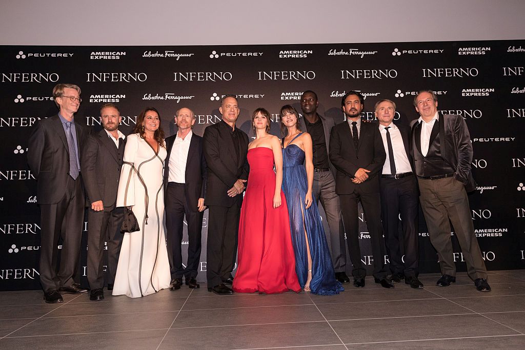 Tom Hanks, Ron Howard, Hans Zimmer, Ben Foster, Felicity Jones, Irrfan Khan, Sidse Babett Knudsen, David Koepp, Ana Ularu, Omar Sy, and Dan Brown at an event for Inferno (2016)