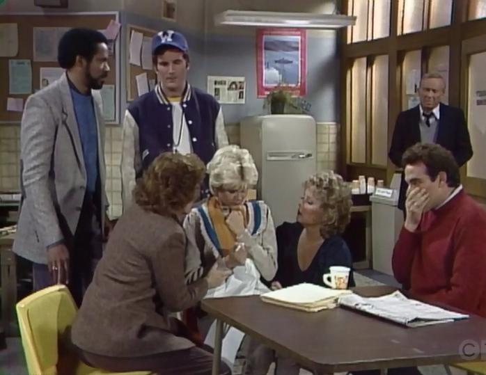 Norman Fell, Lynn Redgrave, Tim Reid, Jean Smart, Joel Brooks, Teresa Ganzel, and Steve Ryan in Teachers Only (1982)