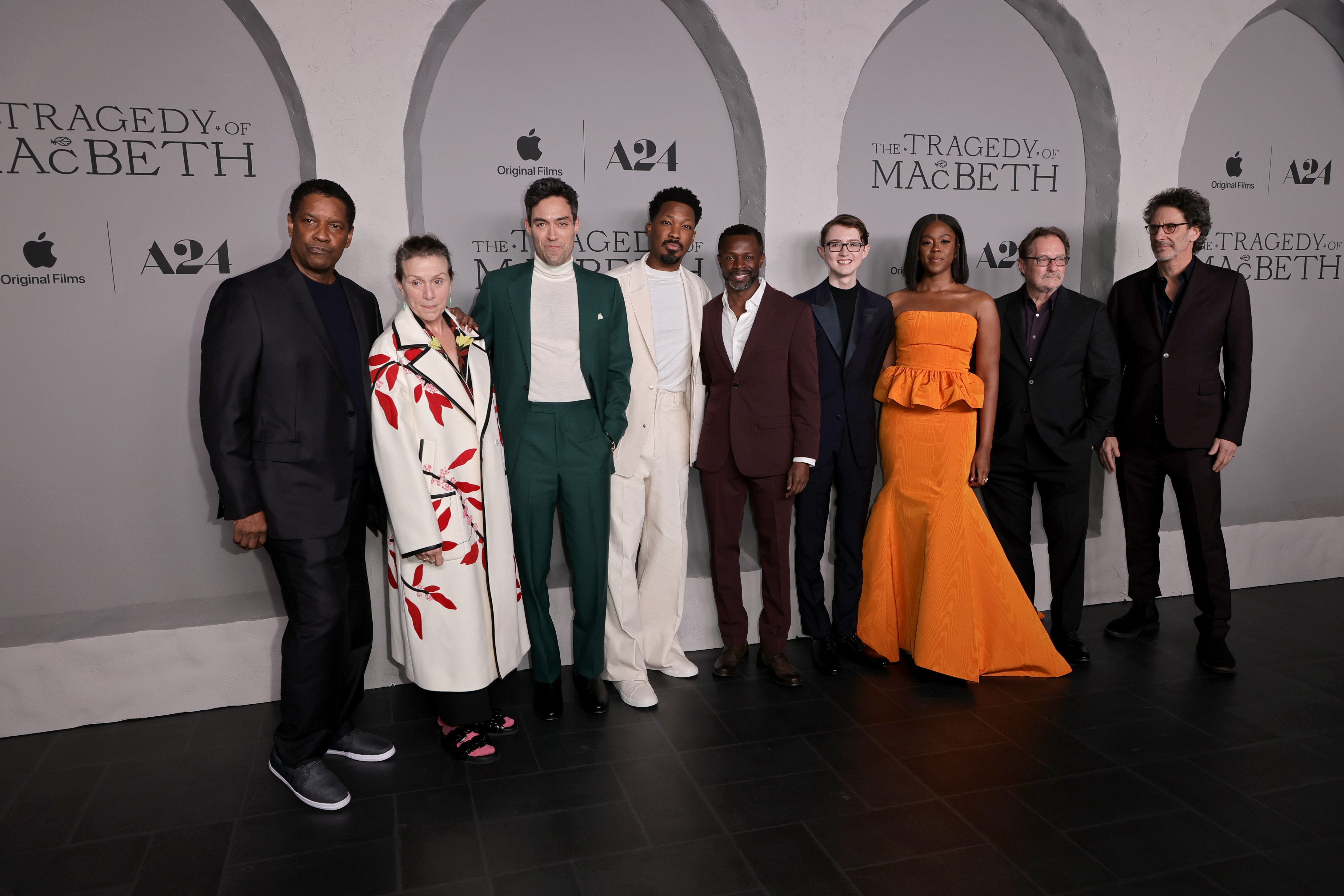 Denzel Washington, Frances McDormand, Joel Coen, Stephen Root, Sean Patrick Thomas, Alex Hassell, Corey Hawkins, Lucas Barker, and Moses Ingram at an event for The Tragedy of Macbeth (2021)