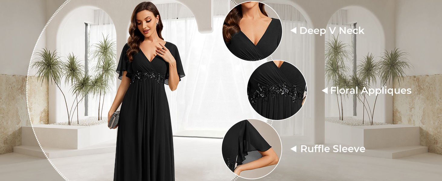 Ever-Pretty Women's Chiffon A-Line Ruched Short Sleeves V Neck Mother of The Bride Dress