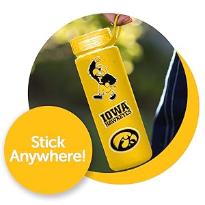Yellow thermos water bottle with University of Iowa stickers on it, Hawkeyes, Herky the Hawk