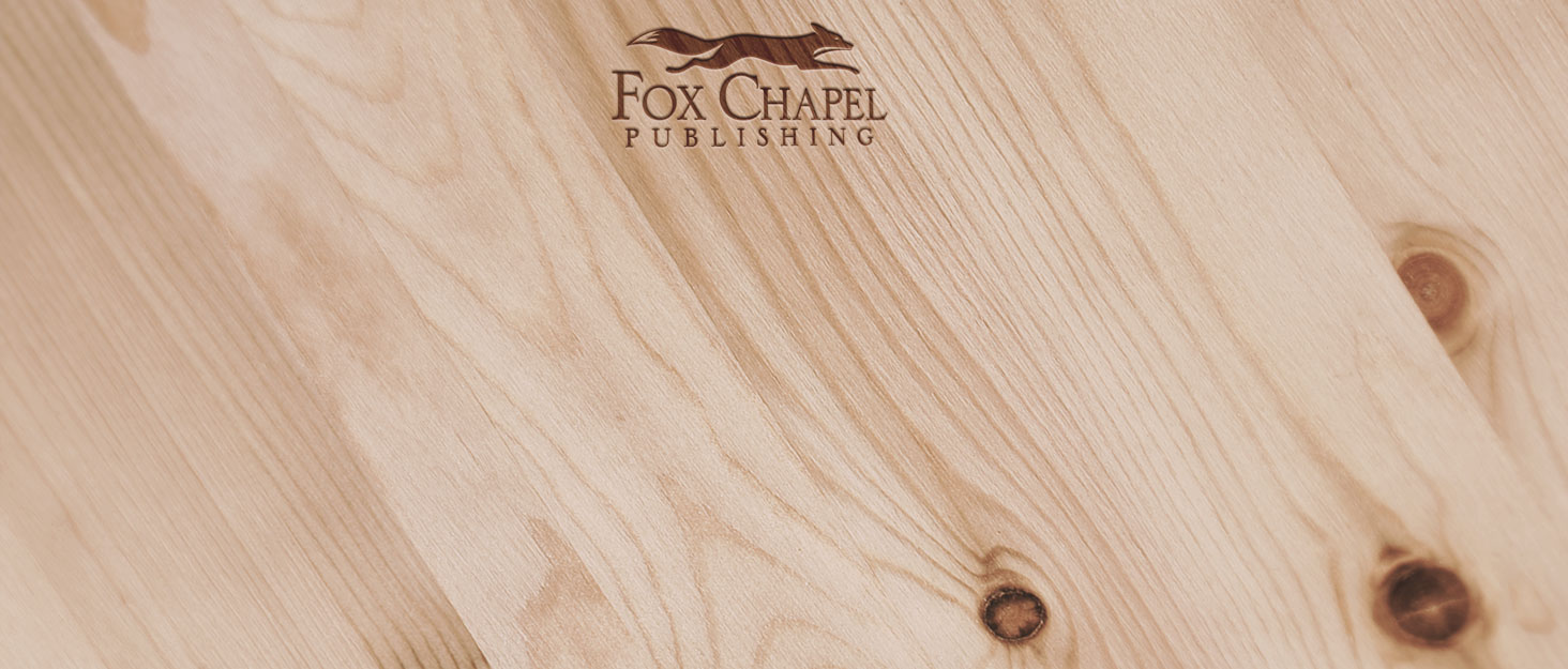 Wooden background with Fox Chapel Publishing logo, carving knives, pliers, scroll saw, and more.