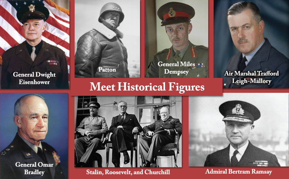 Patton, Gen. Omar Bradley, Stalin, Roosevelt, and Churchill, text, Filled with Historical Figures