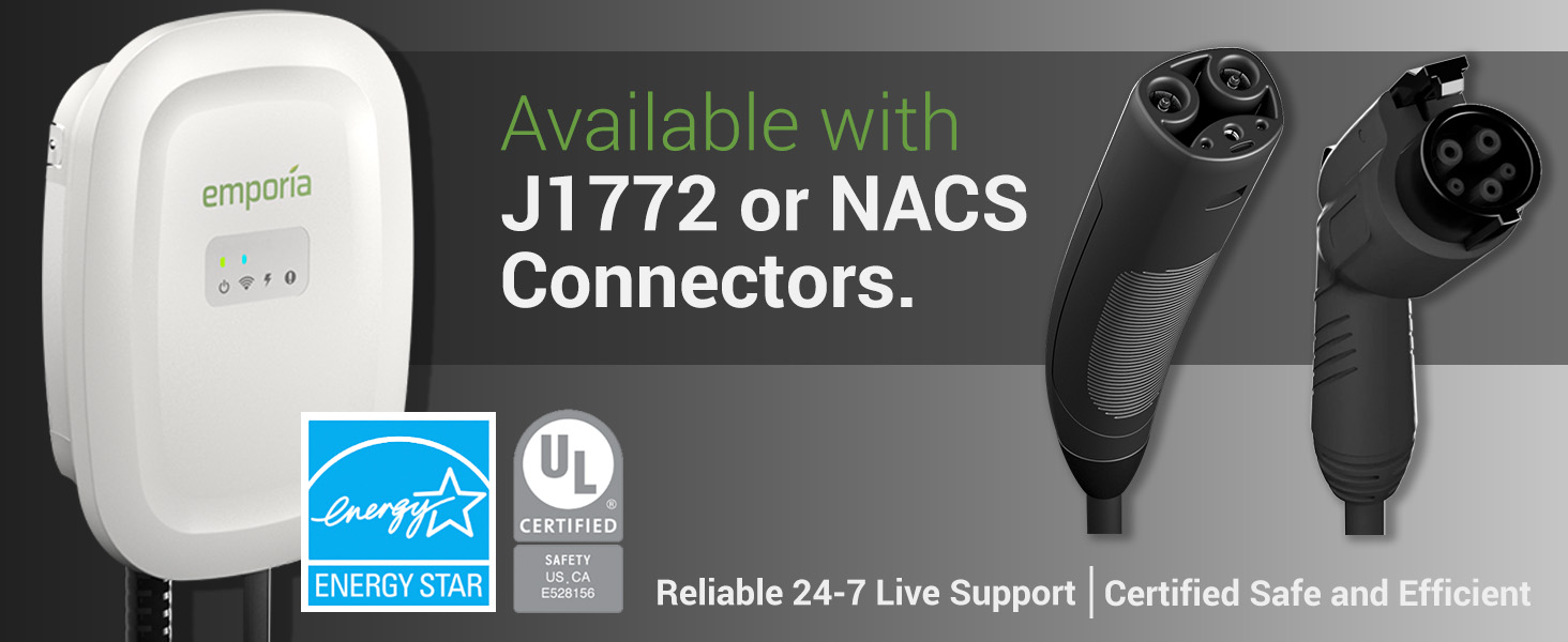 available with J1772 connector or NACS connector for Tesla vehicles