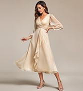 Ever-Pretty Women's Elegant A Line Ruched V Neck Long Sleeves Tea-Length Wedding Guest Dresses 01977