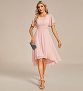 Ever-Pretty Women's Crew Neck Pleated Waist Short Sleeve Wedding Guest Dress Chiffon Bridesmaid D...