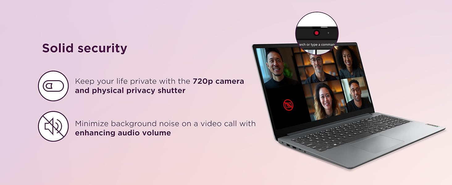 Lenovo IdeaPad 1 security features include a 720 camera with a privacy shutter and noise cancelling