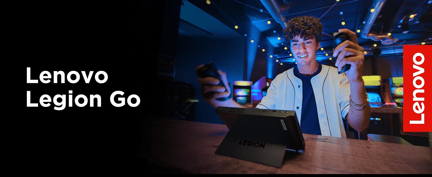 Person playing on Lenovo Legion Go in an arcade setting