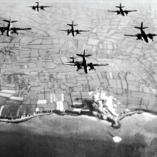 Allied bombers attack German coastal defenses in Normandy prior to the D-Day landings.